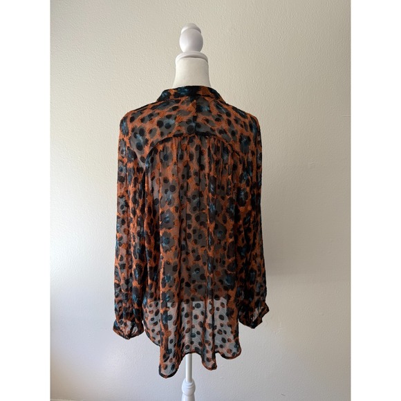 The Korner Sheer Leopard Print Blouse Womens XL Brown Blue Long Sleeve Tunic Top - Picture 4 of 11